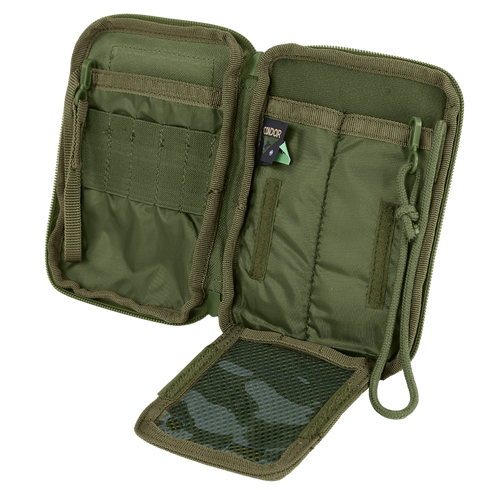 The Condor Pocket Pouch is an open green tactical organizer with multiple compartments, pockets, elastic straps, and a mesh zippered section, displayed on a white background.