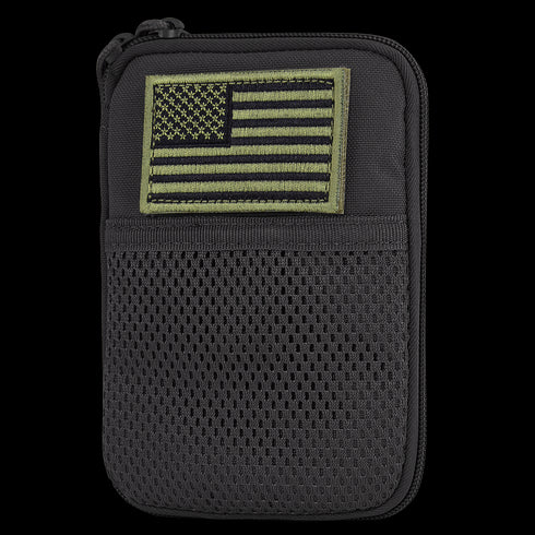 The Condor Pocket Pouch features a black design, green-outlined mesh front pocket, and a subdued American flag patch—ideal for military or EDC enthusiasts.