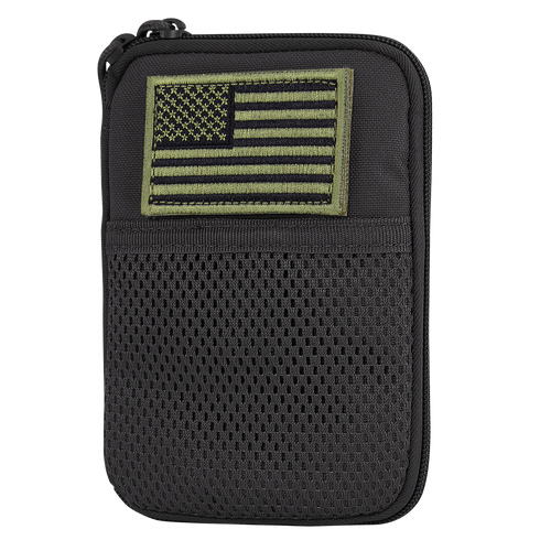 The Condor Pocket Pouch features a black design, green-outlined mesh front pocket, and a subdued American flag patch—ideal for military or EDC enthusiasts.