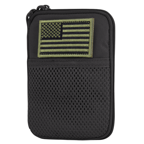 The Condor Pocket Pouch features a black design, green-outlined mesh front pocket, and a subdued American flag patch—ideal for military or EDC enthusiasts.