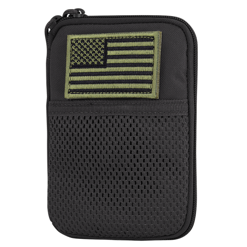The Condor Pocket Pouch features a black design, green-outlined mesh front pocket, and a subdued American flag patch—ideal for military or EDC enthusiasts.