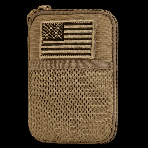 The Condor Pocket Pouch is a tan zippered organizer with a mesh front pocket and a subdued embroidered American flag patch, perfect for military or shooting range use.