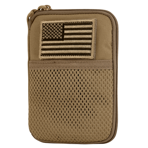 The Condor Pocket Pouch is a tan zippered organizer with a mesh front pocket and a subdued embroidered American flag patch, perfect for military or shooting range use.