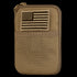 The Condor Pocket Pouch is a tan zippered organizer with a mesh front pocket and a subdued embroidered American flag patch, perfect for military or shooting range use.