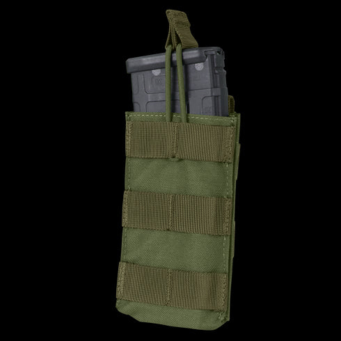 The Condor Single M4/M16 Open-Top Mag Pouch in Olive Drab holds two black rifle magazines, displayed against a white background.