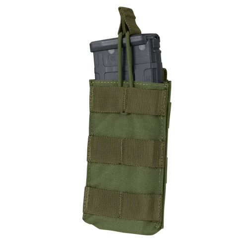 The Condor Single M4/M16 Open-Top Mag Pouch in Olive Drab holds two black rifle magazines, displayed against a white background.