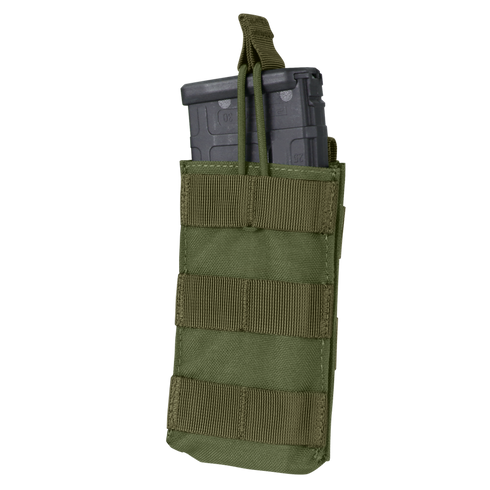 The Condor Single M4/M16 Open-Top Mag Pouch in Olive Drab holds two black rifle magazines, displayed against a white background.