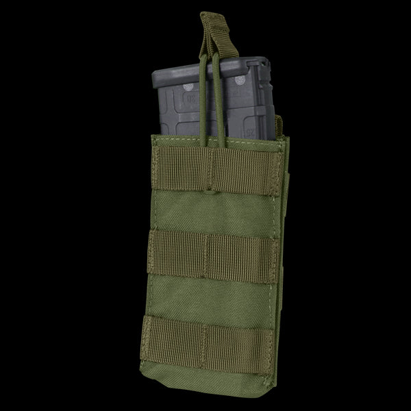 The Condor Single M4/M16 Open-Top Mag Pouch in Olive Drab holds two black rifle magazines, displayed against a white background.