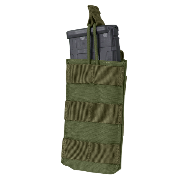 The Condor Single M4/M16 Open-Top Mag Pouch in Olive Drab holds two black rifle magazines, displayed against a white background.
