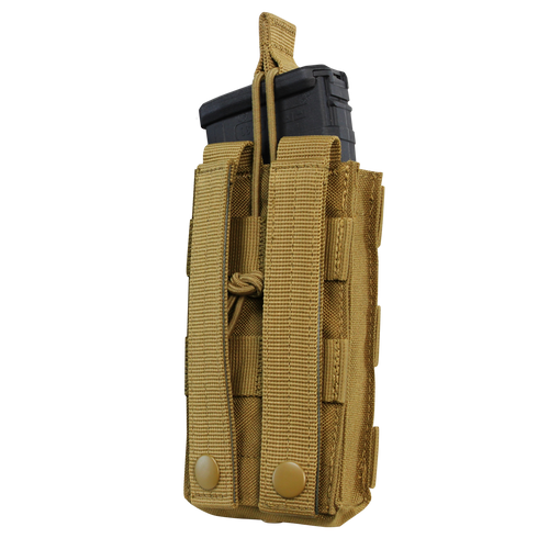 The Condor Single M4/M16 Open-Top Mag Pouch in Scorpion OCP holds a rifle magazine and features MOLLE straps with snap buttons for secure attachment—perfect for law enforcement or range use.