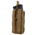 The Condor Single M4/M16 Open-Top Mag Pouch securely holds a black rifle magazine in its tan pouch, using an adjustable bungee cord for retention.