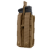The Condor Single M4/M16 Open-Top Mag Pouch securely holds a black rifle magazine in its tan pouch, using an adjustable bungee cord for retention.