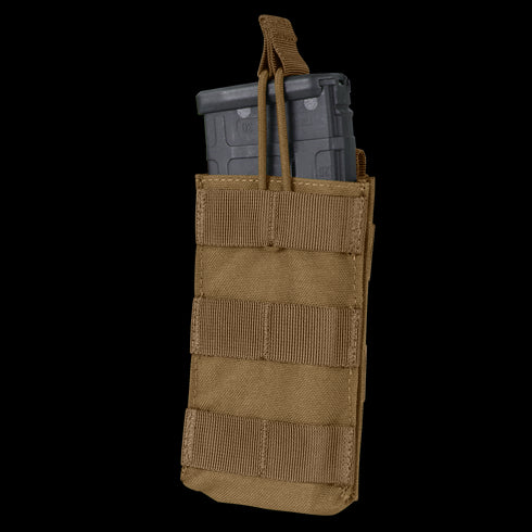 The Condor Single M4/M16 Open-Top Mag Pouch in tan holds two black rifle magazines, features front MOLLE webbing, and has a securing strap at the top.