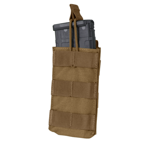 The Condor Single M4/M16 Open-Top Mag Pouch in tan holds two black rifle magazines, features front MOLLE webbing, and has a securing strap at the top.