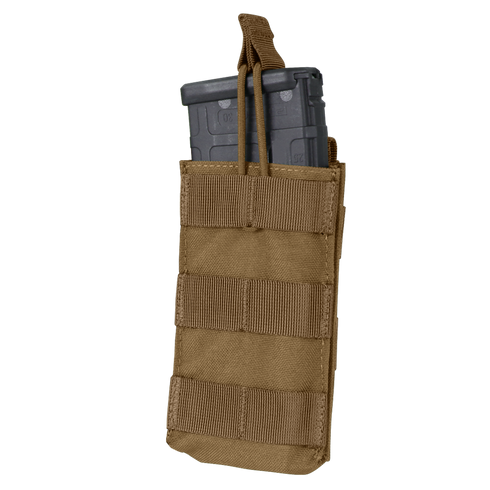 The Condor Single M4/M16 Open-Top Mag Pouch in tan holds two black rifle magazines, features front MOLLE webbing, and has a securing strap at the top.