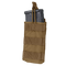 The Condor Single M4/M16 Open-Top Mag Pouch in tan holds two black rifle magazines, features front MOLLE webbing, and has a securing strap at the top.