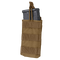 The Condor Single M4/M16 Open-Top Mag Pouch in tan holds two black rifle magazines, features front MOLLE webbing, and has a securing strap at the top.