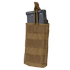 The Condor Single M4/M16 Open-Top Mag Pouch in tan holds two black rifle magazines, features front MOLLE webbing, and has a securing strap at the top.