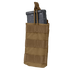 The Condor Single M4/M16 Open-Top Mag Pouch in tan holds two black rifle magazines, features front MOLLE webbing, and has a securing strap at the top.