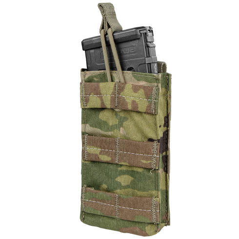 The Condor Single M4/M16 Open-Top Mag Pouch in Scorpion OCP securely holds one rifle magazine upright with a retention strap.