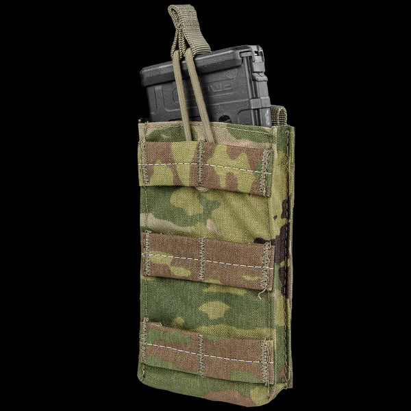 The Condor Single M4/M16 Open-Top Mag Pouch in Scorpion OCP securely holds one rifle magazine upright with a retention strap.
