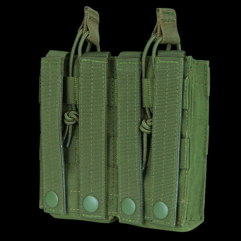 The Condor Double M4/M16 Open-Top Mag Pouch features durable construction with two compartments, ideal for securely carrying magazines and attaching to gear or vests—perfect for tactical use or everyday carry.
