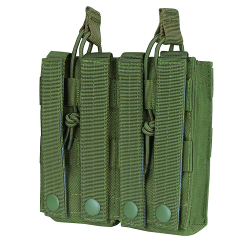The Condor Double M4/M16 Open-Top Mag Pouch features durable construction with two compartments, ideal for securely carrying magazines and attaching to gear or vests—perfect for tactical use or everyday carry.