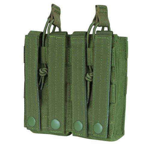 Condor Double M4/M16 Open-Top Mag Pouch in Scorpion OCP features three compartments, MOLLE webbing, and snap-button closures for secure attachment to gear or vests—ideal for military and law enforcement use.
