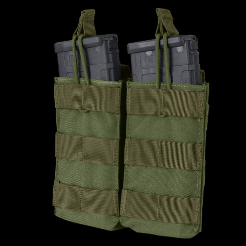 The Condor Double M4/M16 Open-Top Mag Pouch in Olive Drab securely holds two black rifle magazines, featuring MOLLE webbing and pull tabs for easy access.