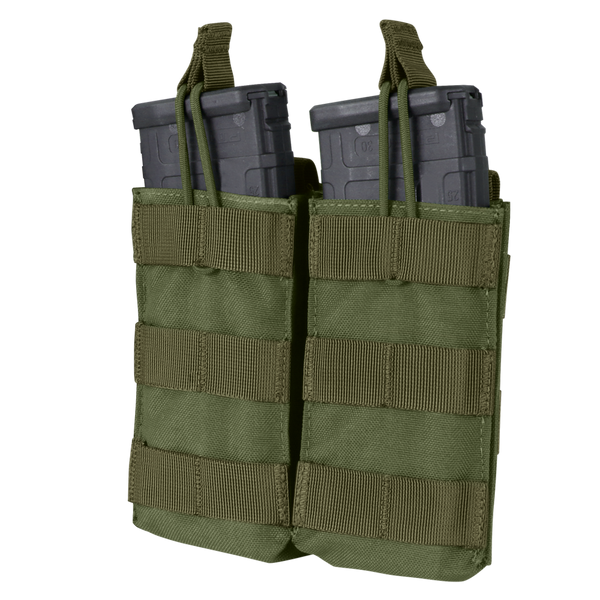 The Condor Double M4/M16 Open-Top Mag Pouch in Olive Drab securely holds two black rifle magazines, featuring MOLLE webbing and pull tabs for easy access.