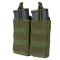 The Condor Double M4/M16 Open-Top Mag Pouch in Olive Drab securely holds two black rifle magazines, featuring MOLLE webbing and pull tabs for easy access.