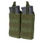 The Condor Double M4/M16 Open-Top Mag Pouch in Olive Drab securely holds two black rifle magazines, featuring MOLLE webbing and pull tabs for easy access.