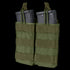 The Condor Double M4/M16 Open-Top Mag Pouch in Olive Drab securely holds two black rifle magazines, featuring MOLLE webbing and pull tabs for easy access.