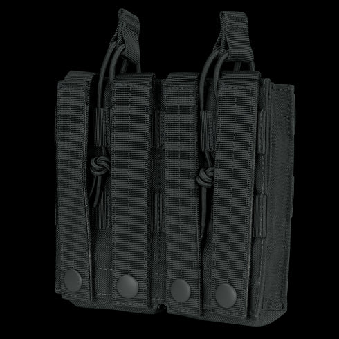 The Condor Double M4/M16 Open-Top Mag Pouch is a black, MOLLE-compatible pouch designed to hold two magazines securely, featuring pull tabs for quick access—ideal tactical gear for efficient magazine management.