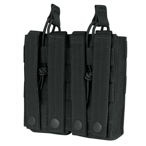 The Condor Double M4/M16 Open-Top Mag Pouch is a black, MOLLE-compatible pouch designed to hold two magazines securely, featuring pull tabs for quick access—ideal tactical gear for efficient magazine management.