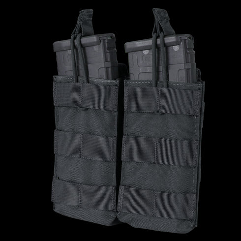 The Condor Double M4/M16 Open-Top Mag Pouch is a black tactical pouch for EDC or military use, holding two rifle magazines with MOLLE webbing and secure retention straps.