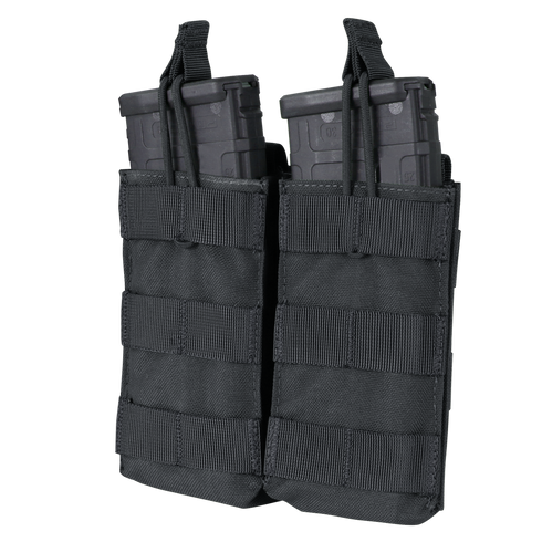 The Condor Double M4/M16 Open-Top Mag Pouch is a black tactical pouch for EDC or military use, holding two rifle magazines with MOLLE webbing and secure retention straps.
