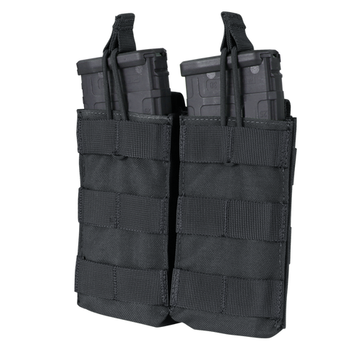 The Condor Double M4/M16 Open-Top Mag Pouch is a black tactical pouch for EDC or military use, holding two rifle magazines with MOLLE webbing and secure retention straps.