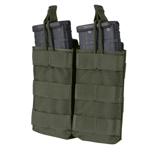 The Condor Double M4/M16 Open-Top Mag Pouch in green holds two black rifle magazines securely with straps—perfect for bushcraft enthusiasts or law enforcement professionals.