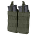 The Condor Double M4/M16 Open-Top Mag Pouch in green holds two black rifle magazines securely with straps—perfect for bushcraft enthusiasts or law enforcement professionals.