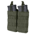 The Condor Double M4/M16 Open-Top Mag Pouch in green holds two black rifle magazines securely with straps—perfect for bushcraft enthusiasts or law enforcement professionals.