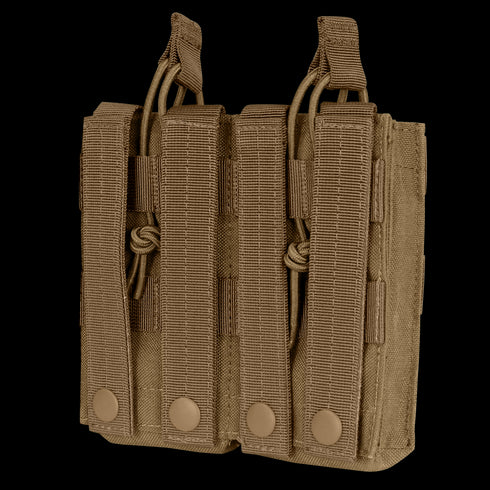 The Condor Double M4/M16 Open-Top Mag Pouch is a tan MOLLE pouch with two compartments and snap-button straps for attachment, made from durable fabric.