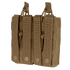 The Condor Double M4/M16 Open-Top Mag Pouch is a tan MOLLE pouch with two compartments and snap-button straps for attachment, made from durable fabric.