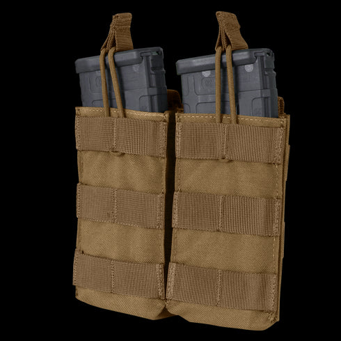 The Condor Double M4/M16 Open-Top Mag Pouch in Coyote Brown holds two black rifle magazines, secured at the top with retention straps.