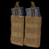 The Condor Double M4/M16 Open-Top Mag Pouch in Coyote Brown holds two black rifle magazines, secured at the top with retention straps.