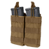 The Condor Double M4/M16 Open-Top Mag Pouch in Coyote Brown holds two black rifle magazines, secured at the top with retention straps.