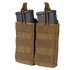 The Condor Double M4/M16 Open-Top Mag Pouch in Coyote Brown holds two black rifle magazines, secured at the top with retention straps.