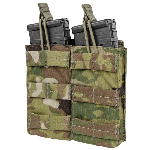 The Condor Double M4/M16 Open-Top Mag Pouch in Scorpion OCP holds two black rifle magazines, featuring pull tabs and front MOLLE webbing for easy attachment.