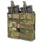 The Condor Double M4/M16 Open-Top Mag Pouch in Scorpion OCP holds two black rifle magazines, featuring pull tabs and front MOLLE webbing for easy attachment.