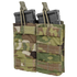 The Condor Double M4/M16 Open-Top Mag Pouch in Scorpion OCP holds two black rifle magazines, featuring pull tabs and front MOLLE webbing for easy attachment.